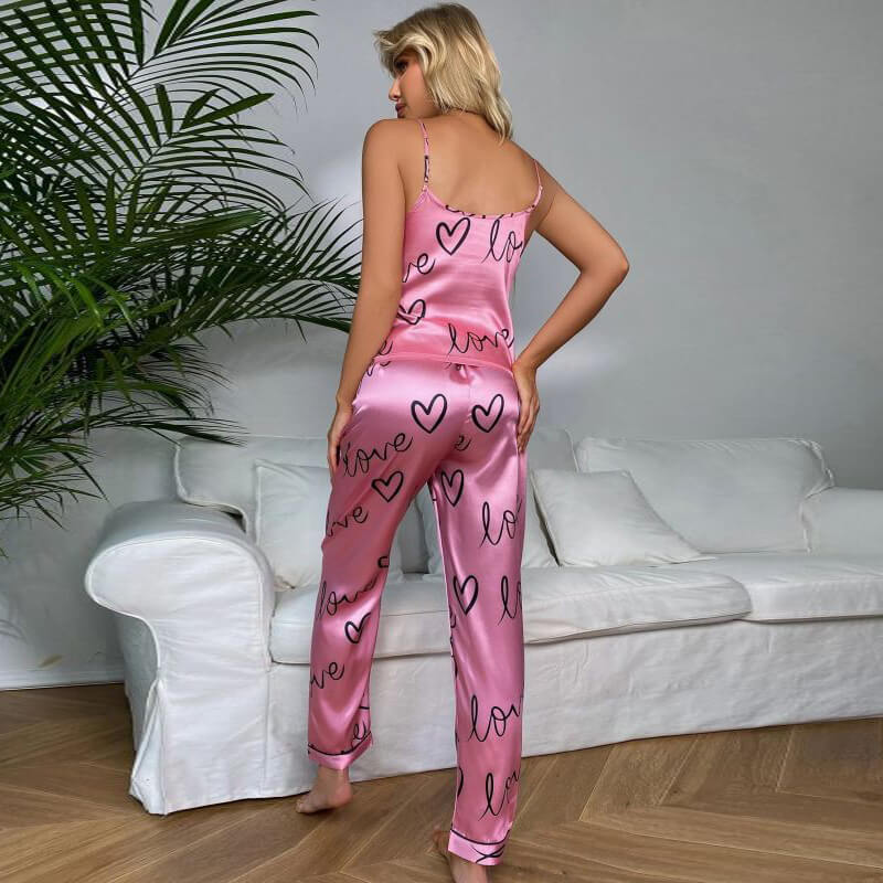 Love Print Satin Long Pajama Set