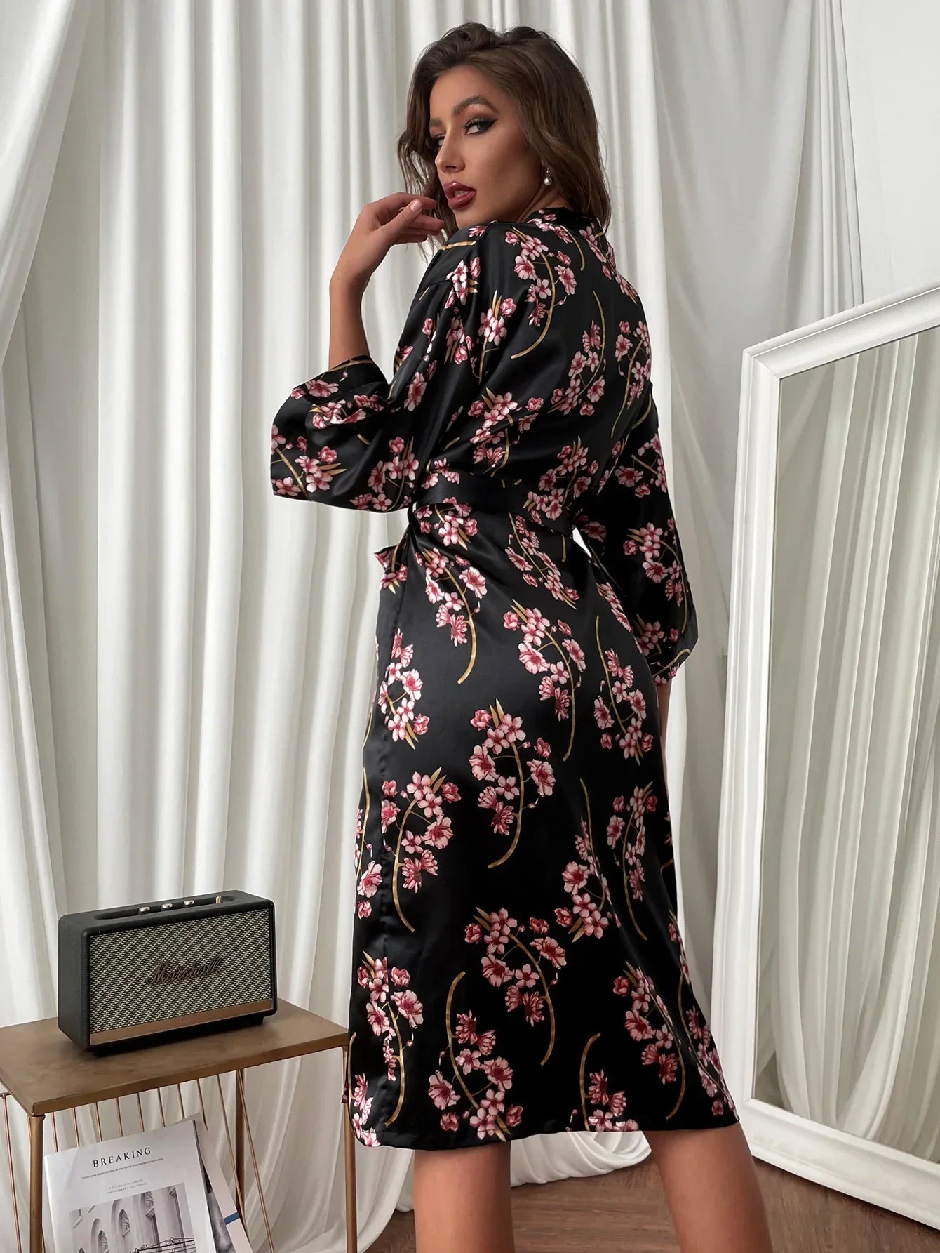 Floral Satin Robe with Waist Tie