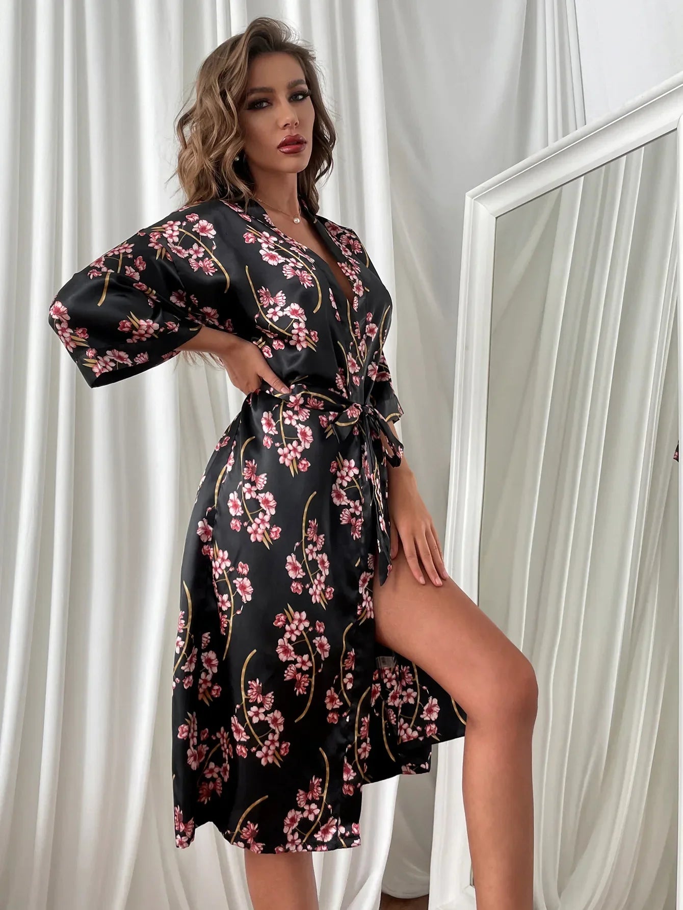Floral Satin Robe with Waist Tie