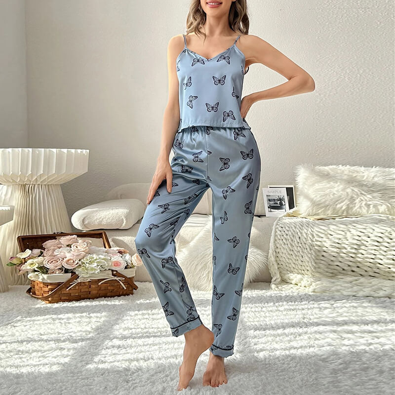 Butterfly Print Satin Long Pajama Set