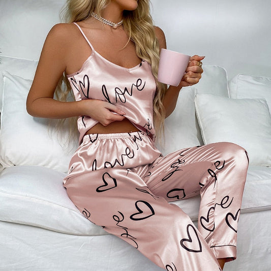 Love Print Satin Long Pajama Set