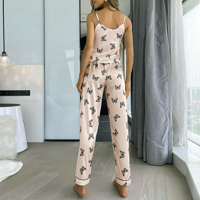 Butterfly Print Satin Long Pajama Set